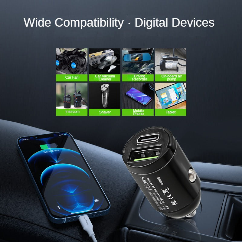 Mini Car Charger, Super Fast Charging USB Adapter for Phones, Cigarette Lighter Converter with USB and Type-C Ports for Car Use